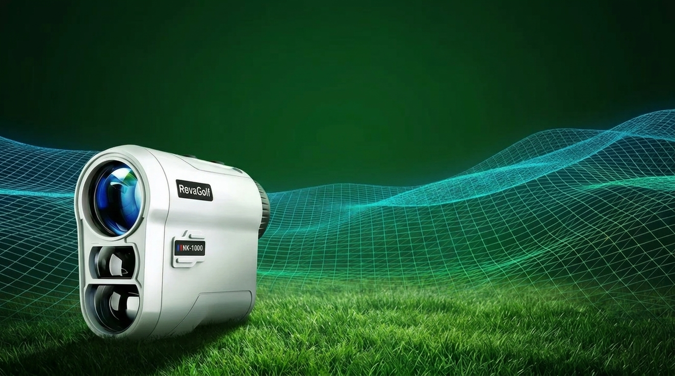 RevaGolf NK-1000 rangefinder on a golf course with topographic precision overlay